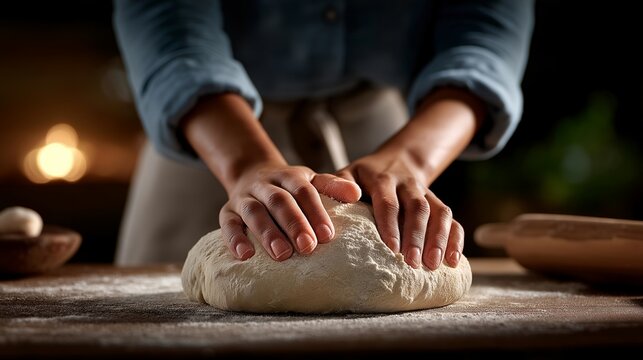 Close-up of textured dough and flour-covered hands forming the loaf — symbolizing cozy kitchen aesthetics, food preparation rituals, sensory experiences, and lifestyle content focused on wellness,