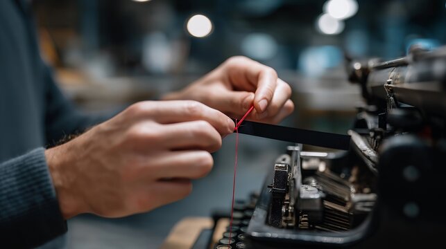Close-up shot of careful hands threading a new black-and-red ribbon through the metal spools of an antique typewriter, gears and levers in sharp detail — perfect for themes of restoration, literary