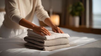 Hands folding clothes into a suitcase on a neatly organized bed, preparing for travel — concept of vacation preparation, organized lifestyle, adventure planning, and travel-focused visual