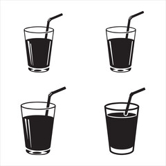 Four black silhouette drink glasses with straws icon set white