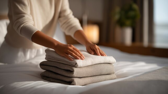 Hands folding clothes into a suitcase on a neatly organized bed, preparing for travel — concept of vacation preparation, organized lifestyle, adventure planning, and travel-focused visual