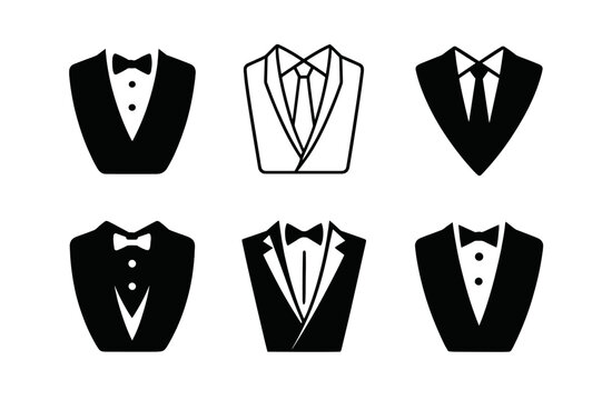Elegant Fashion Icons. Fashion for special occasions (weddings, galas). Icon set. Set Logo of Fashion for special occasions (weddings, galas): elegant suit and