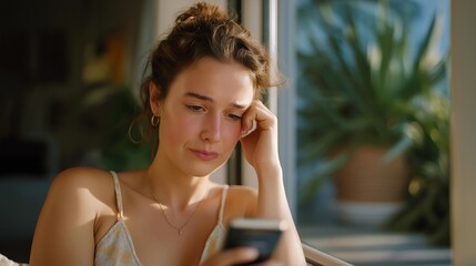 A young woman sitting by a window reacting emotionally to a heartfelt message on her phone, her eyes filling with tears as golden afternoon light softens the scene — authentic digital-age emotion,