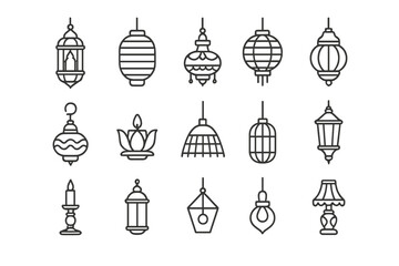 Fototapeta premium Exotic Lighting Icons. Exotic lighting. Line icon set of exotic lighting: Moroccan lantern, Japanese paper lamp, Indian hanging lamp, Chinese lantern, Turkish