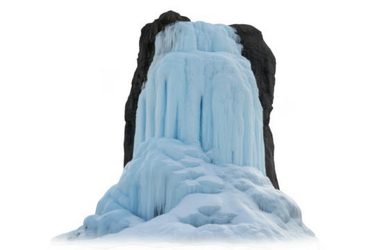 Frozen waterfall with icicles and snow covered rocks isolated on a transparent background
