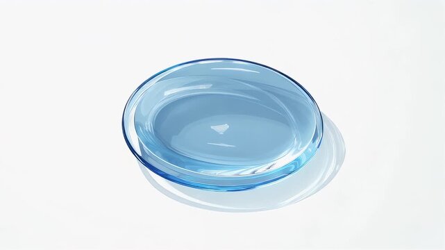 A pale blue glass bowl, filled with clear liquid, sits on a white surface, creating a soft, light-filled image