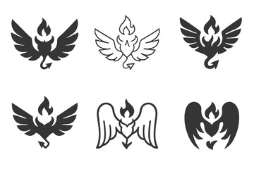 Naklejka premium Angel and Demon Icons. Christian beliefs about angels and demons. Icon set. Set Logo of Christian beliefs about angels and demons: wings and flame motif.
