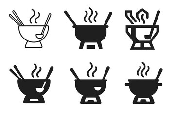 Hot Pot Logo Variations. Preparing a hot pot or fondue for a social meal with friends. Icon set. Set Logo of Preparing a hot pot or fondue for a social meal
