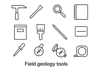 Fototapeta premium Field Geology Tools Icons. Field geology tools. Line icon set of field geology tools: rock hammer, chisel, hand lens, field notebook, pencil, sample bag,