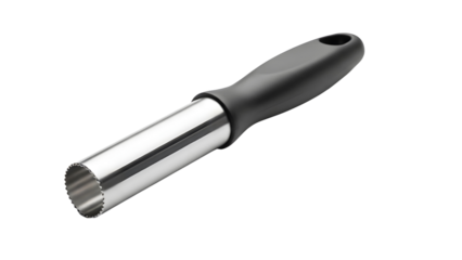 Stainless steel apple corer with black handle isolated on White background