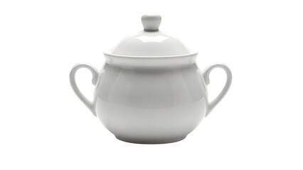 Classic white porcelain sugar bowl with lid and handles isolated on White background