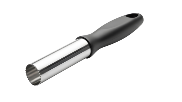 Stainless steel apple corer with black handle isolated on White background