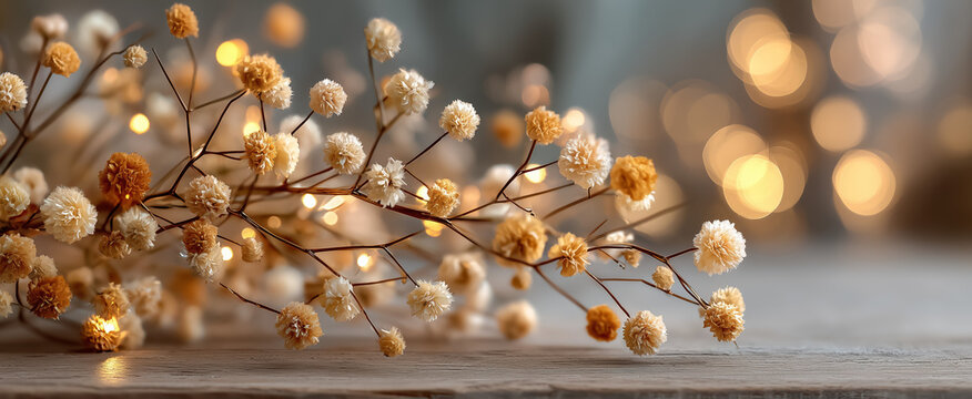 Delicate dried flowers with soft bokeh background glowing warmly