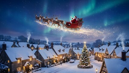 Santa Claus flying over a snowy town, with a magical atmosphere