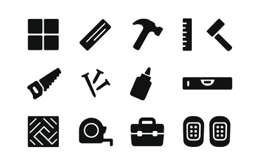 Obraz premium Flooring Project Icons. Flooring projects. Solid icon set of flooring projects: tile, wooden plank, hammer, ruler, saw, nails, glue, level, flooring pattern,