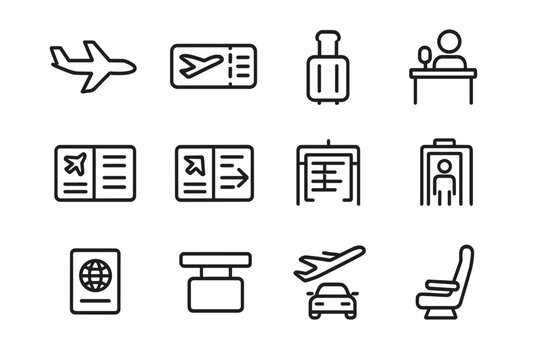 Flight Icon Set. Flight & Airport Apps. Line icon set of Flight & Airport Apps: airplane, boarding pass, luggage, check-in counter, flight schedule, departure