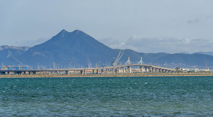 Tunisia Mediterranean shore near Cape Bon with Mount Boukornine and coastal towns across the bay in...