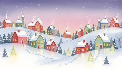 Soft watercolor christmas village, glowing windows, realistic, highly detailed photography