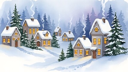 Soft watercolor christmas village, glowing windows, realistic, highly detailed photography