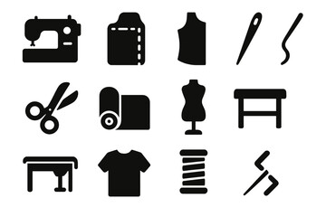 Fashion Icon Set. Fashion production. Solid icon set of Fashion production: sewing machine, cutting board, pattern template, needle, scissors, fabric roll,