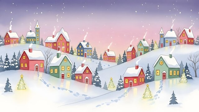Soft watercolor christmas village, glowing windows, realistic, highly detailed photography