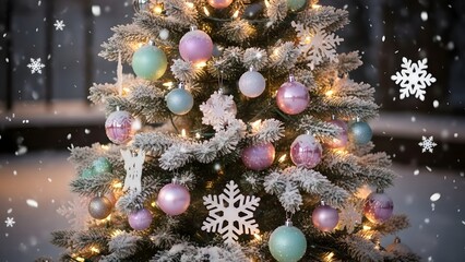 Pastel christmas tree with soft snowflakes, realistic, highly detailed photography