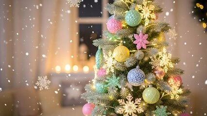 Pastel christmas tree with soft snowflakes, realistic, highly detailed photography