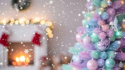 Pastel christmas tree with soft snowflakes, realistic, highly detailed photography