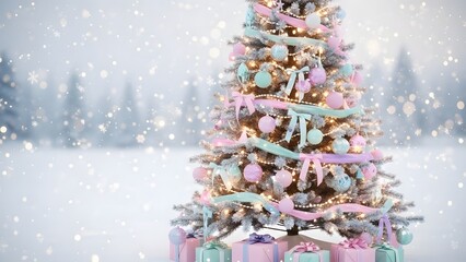 Pastel christmas tree with soft snowflakes, realistic, highly detailed photography