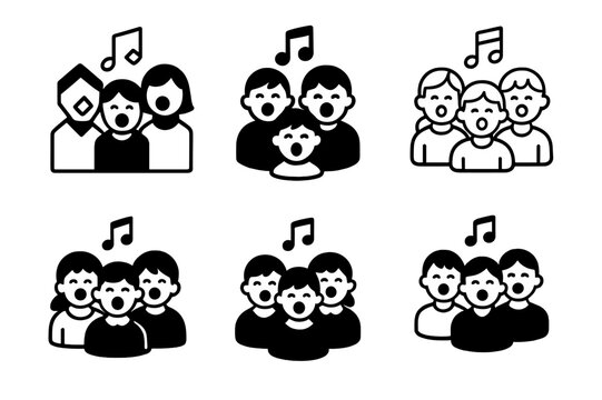 Youth Singing Logos. teaching singing to children and youth. Icon set. Set Logo of teaching singing to children and youth: group of kids singing together.