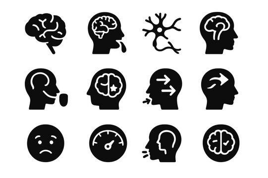 Brain and Taste Icons. Brain and taste. Solid icon set of Brain and taste: brain icon, gustatory cortex, nerve signal, taste region, neural path, flavor