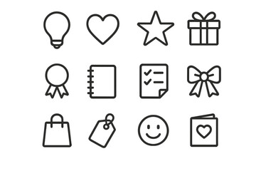 Gift Icon Collection. Gift Ideas. Line icon set of Gift Ideas: light bulb, heart, star, gift box, ribbon, notebook, shopping list, bow, bag, tag, smile face,
