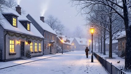 Gentle snowfall over a quiet winter town
