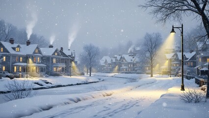 Gentle snowfall over a quiet winter town