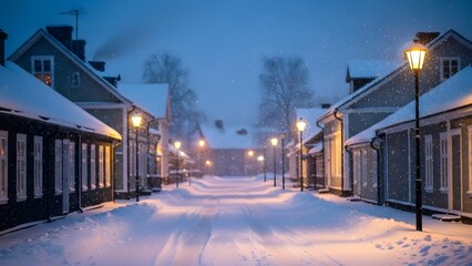 Gentle snowfall over a quiet winter town