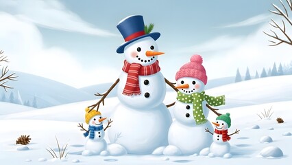 Cute illustrated snowman family