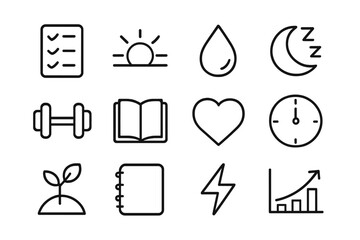 Habit Optimization Icons. Habit optimization. Line icon set of habit optimization: checklist, sunrise, water droplet, sleep moon, dumbbell, book, heart, clock,