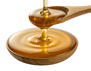 Golden honey pouring from wooden spoon into wooden bowl isolated on a transparent background