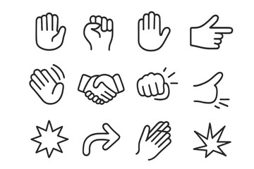 Iconic Gestures Grid. Physical gesture. Line icon set of physical gesture: hand, fist, open palm, pointing finger, wave, handshake, punch line,