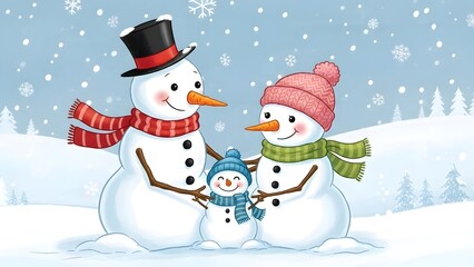 Cute illustrated snowman family