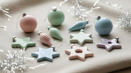 Minimal pastel christmas ornaments on a soft background