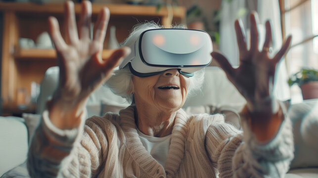 Happy Senior Woman Experiencing Virtual Reality VR Headset Technology at Home
