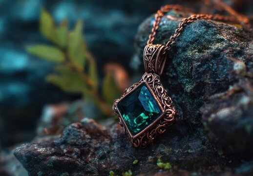 Emerald Gemstone Necklace on Rock: The antique necklace with an emerald gemstone is beautifully displayed on a rugged rock, combining the richness of jewelry and nature.