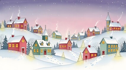 Soft watercolor christmas village, glowing windows, realistic, highly detailed photography