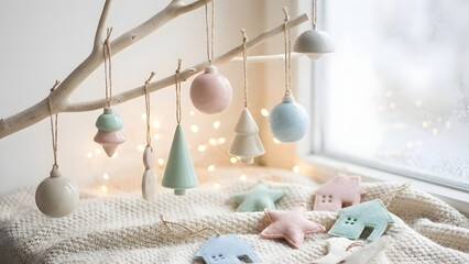 Minimal pastel christmas ornaments on a soft background