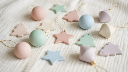 Minimal pastel christmas ornaments on a soft background
