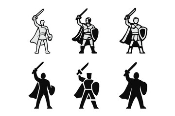 Obraz premium Heroic Logos Collection. Hero Facing Danger Bravely. Icon set. Set Logo of Hero Facing Danger Bravely: person raising sword toward sky. harmonious logo