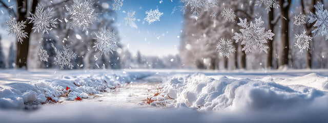 Scenic winter landscape with falling snowflakes in serene setting