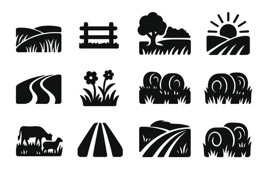 Pastoral Icon Grid. Field scenery. Solid icon set of Field scenery: pasture, split rail fence, tree line, open sky, sun rays, birds in flight, tractor path,
