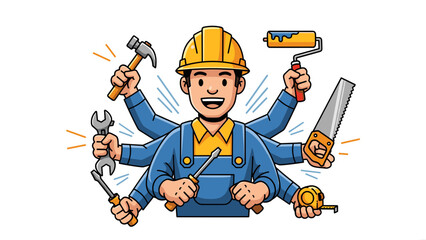 Cartoon handyman with multiple arms holding tools, wearing a hard hat.